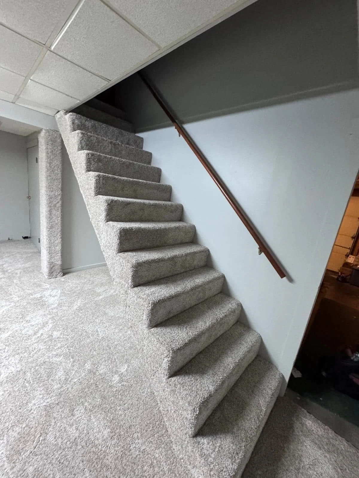 Light gray carpet installed on stairs and the surrounding basement floor